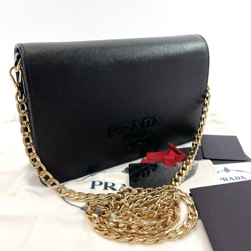 PRADA Black Saffiano Metal Leather Wallet On Chain Clutch Bag