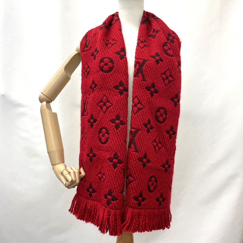 LOUIS VUITTON Logo Mania Ruby Red Wool Silk Muffler Brand 413287  EXCELLENT!!!