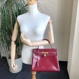 HERMES Handbag Kelly 28 internal sewing vintage Box calf wine-red Gold Hardware 〇JCarved seal Women Used - JP-BRANDS.com