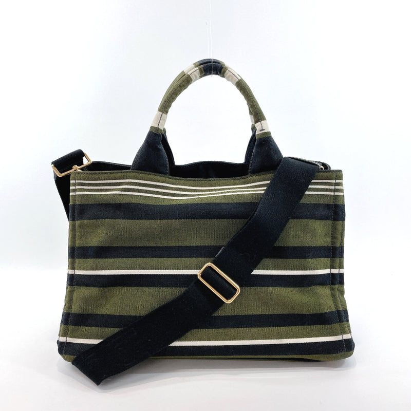 PRADA Tote Bag B1877B Canapa STAMPATA 2way stripe pattern canvas Green (military) Black Women Used