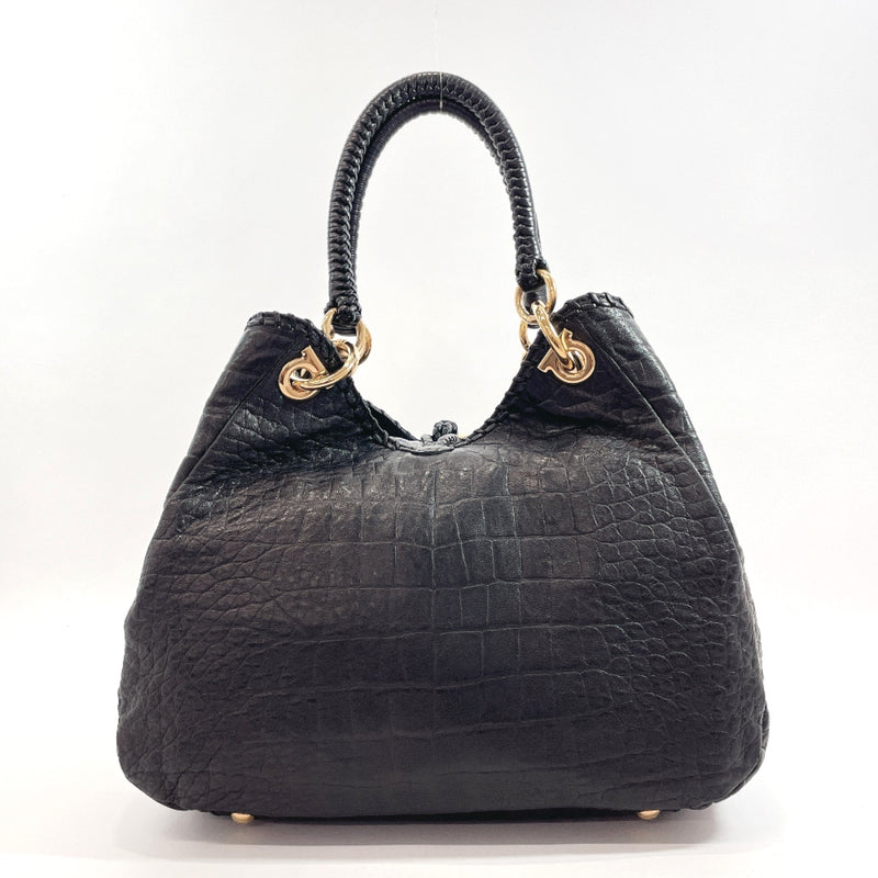 Salvatore Ferragamo Handbag Croco pattern Gancini leather Black Women Used