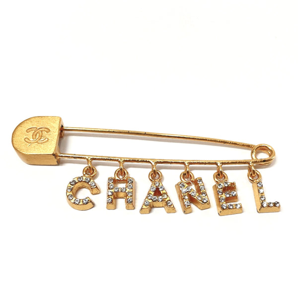 CHANEL Brooch Logo rhinestone metal gold 01 P Women Used