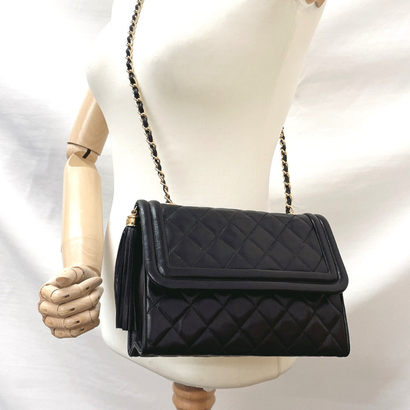 CHANEL Shoulder Bag ChainShoulder Bag fringe lambskin Black Women Used