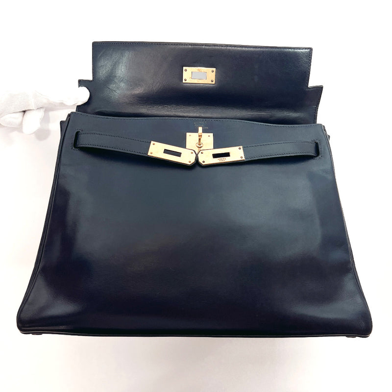 HERMES Handbag Kelly 32 Internal sewing Box calf Navy ○DCarved