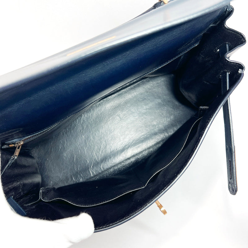 HERMES Handbag Kelly 32 Internal sewing Box calf Navy ○DCarved seal Women Used