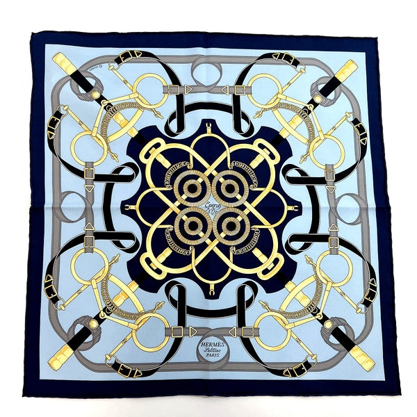 HERMES scarf Eperon d'or (golden spur) Carre45 silk blue Women New