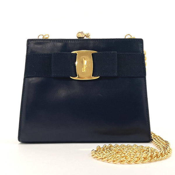 Salvatore Ferragamo Shoulder Bag Vara ribbon purse with a clasp Chain bag leather Black Women Used