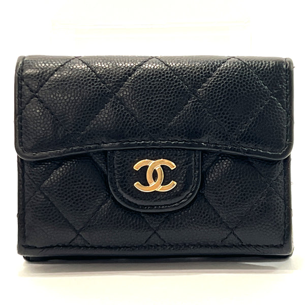 CHANEL Tri-fold wallet AP0230 Matelasse Small flap Matt caviar skin Black Women Used