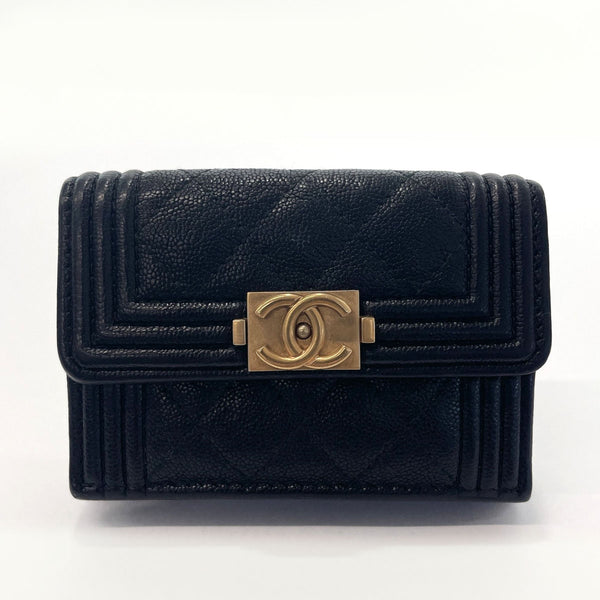 CHANEL Tri-fold wallet A84432 Boy chanel Matt caviar skin Black Women Used