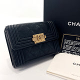 AUTH CHANEL MATELASSE Tri-fold Wallet Black Lambskin Leather