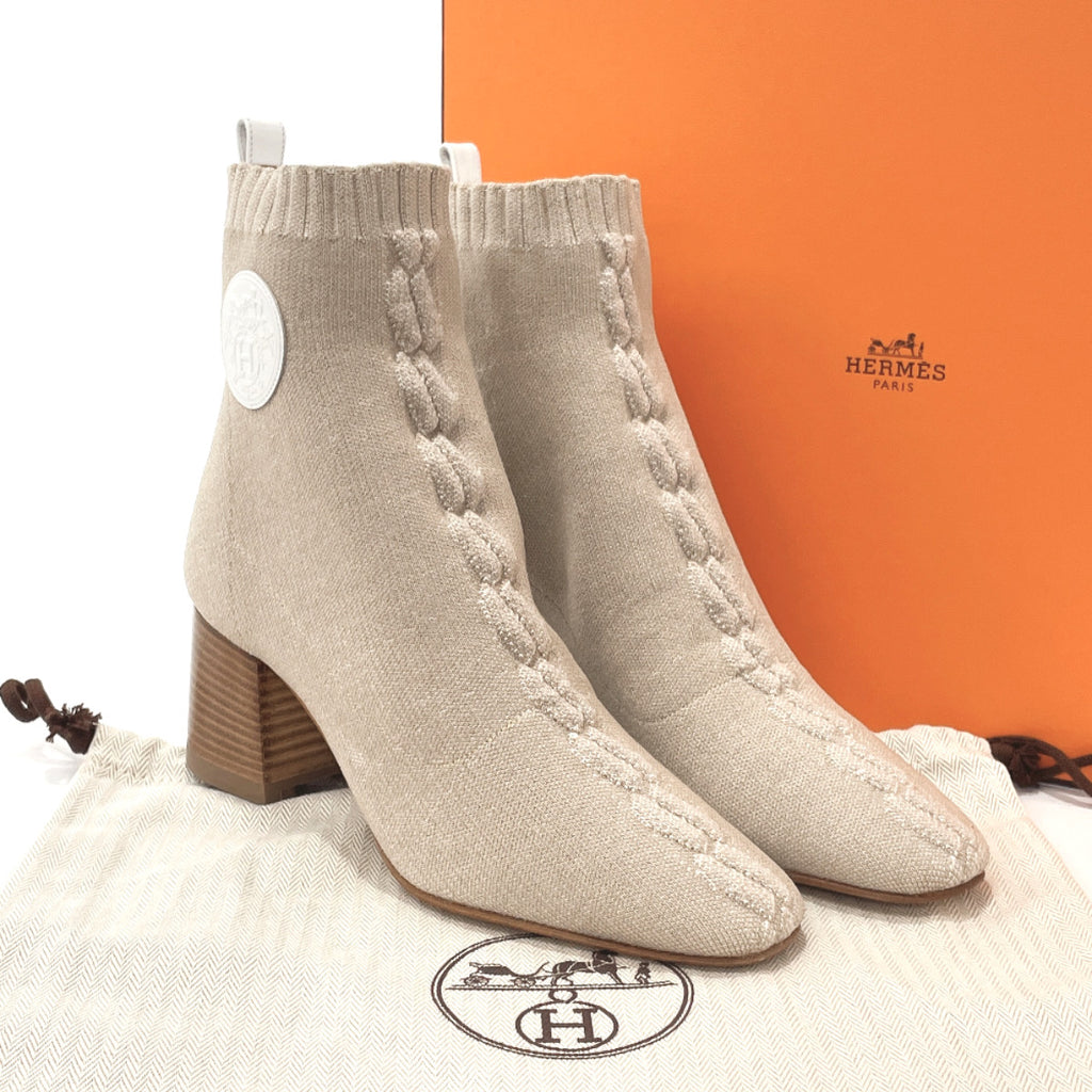 HERMES boots H192034Z Volver Ankle Boots Wood/knit beige Women 