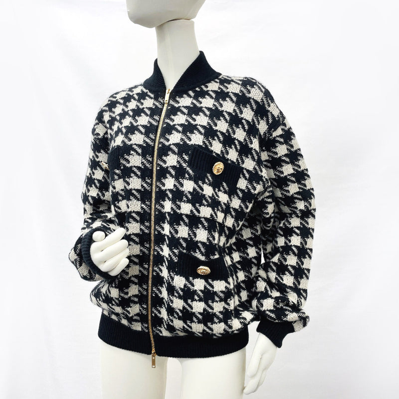 GUCCI cardigan 595691 Houndstooth pattern gold-tone buttons oversized Ka Stains/silk Black Women Used