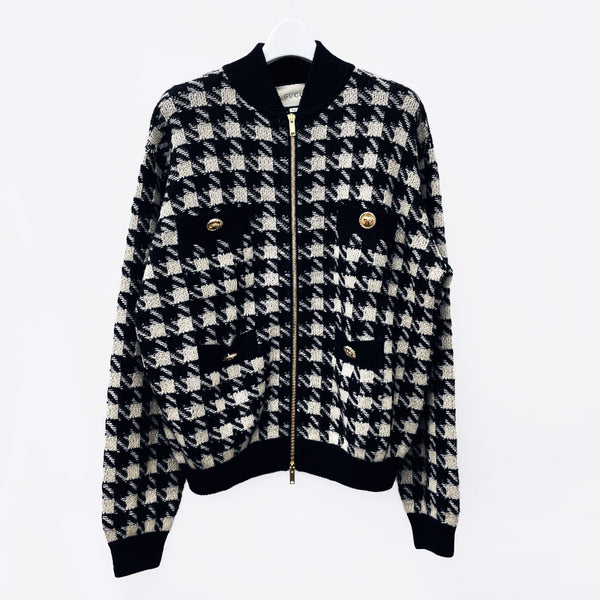 GUCCI cardigan 595691 Houndstooth pattern gold-tone buttons oversized Ka Stains/silk Black Women Used