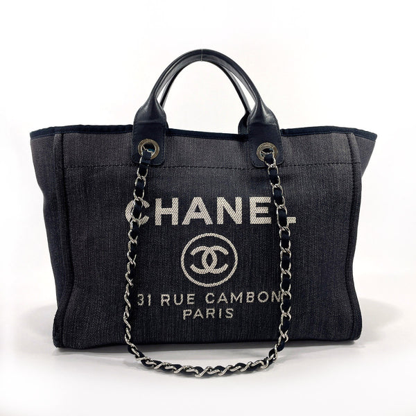 CHANEL Tote Bag Deauville GM denim/leather Navy Women Used