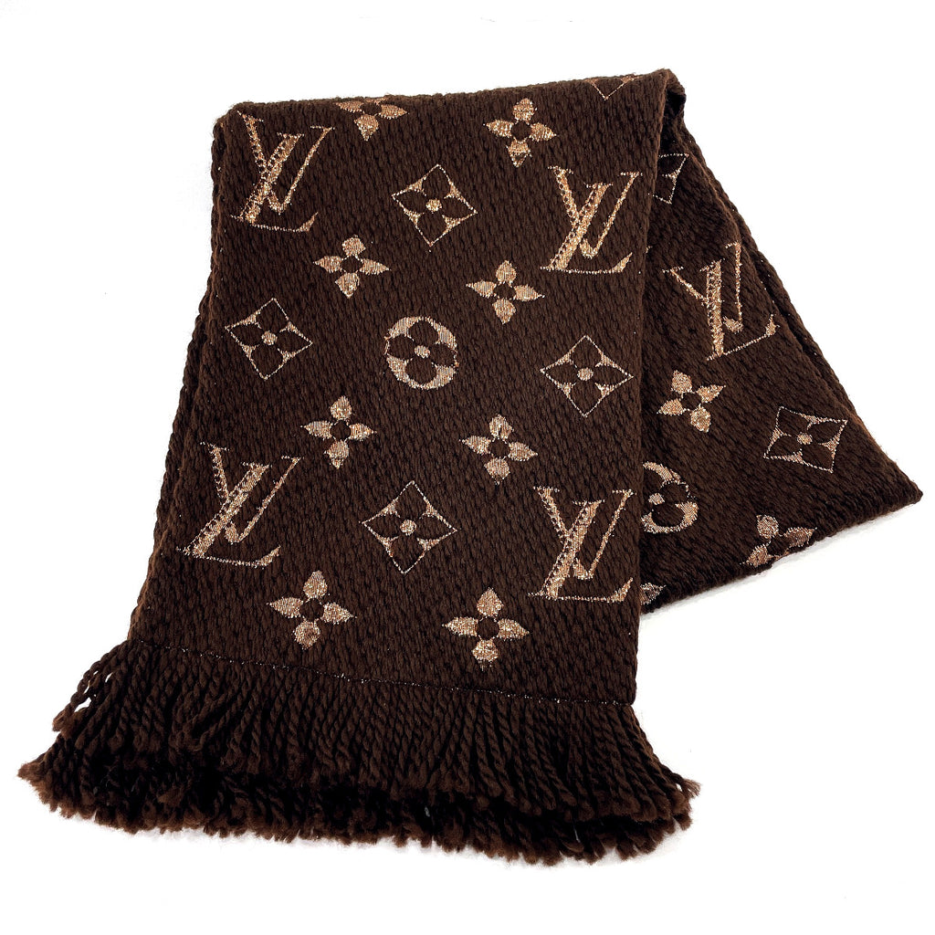 Louis Vuitton Brown and Gold Monogram Logomania Shine Scarf (Like New), Apparel in Brown/Gold