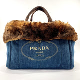 PRADA Tote Bag BN2182 Canapa denim/Fake fur blue Women Used