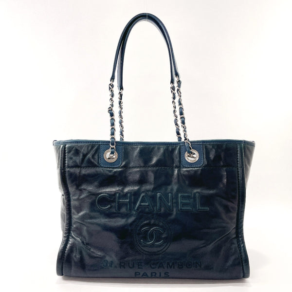 CHANEL Tote Bag A93257 Deauville Chain Tote MM leather Navy Women Used