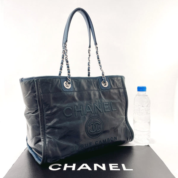 CHANEL Tote Bag A93257 Deauville Chain Tote MM leather Navy Women Used