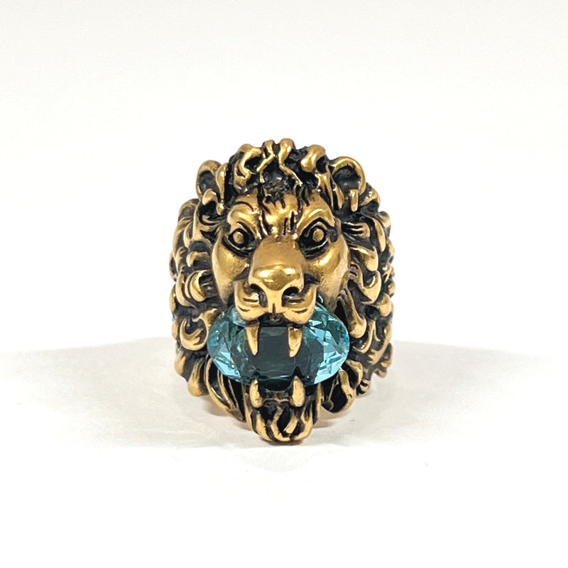 GUCCI Ring Lion head aquamarine stone metal #21(JP Size) gold unisex Used