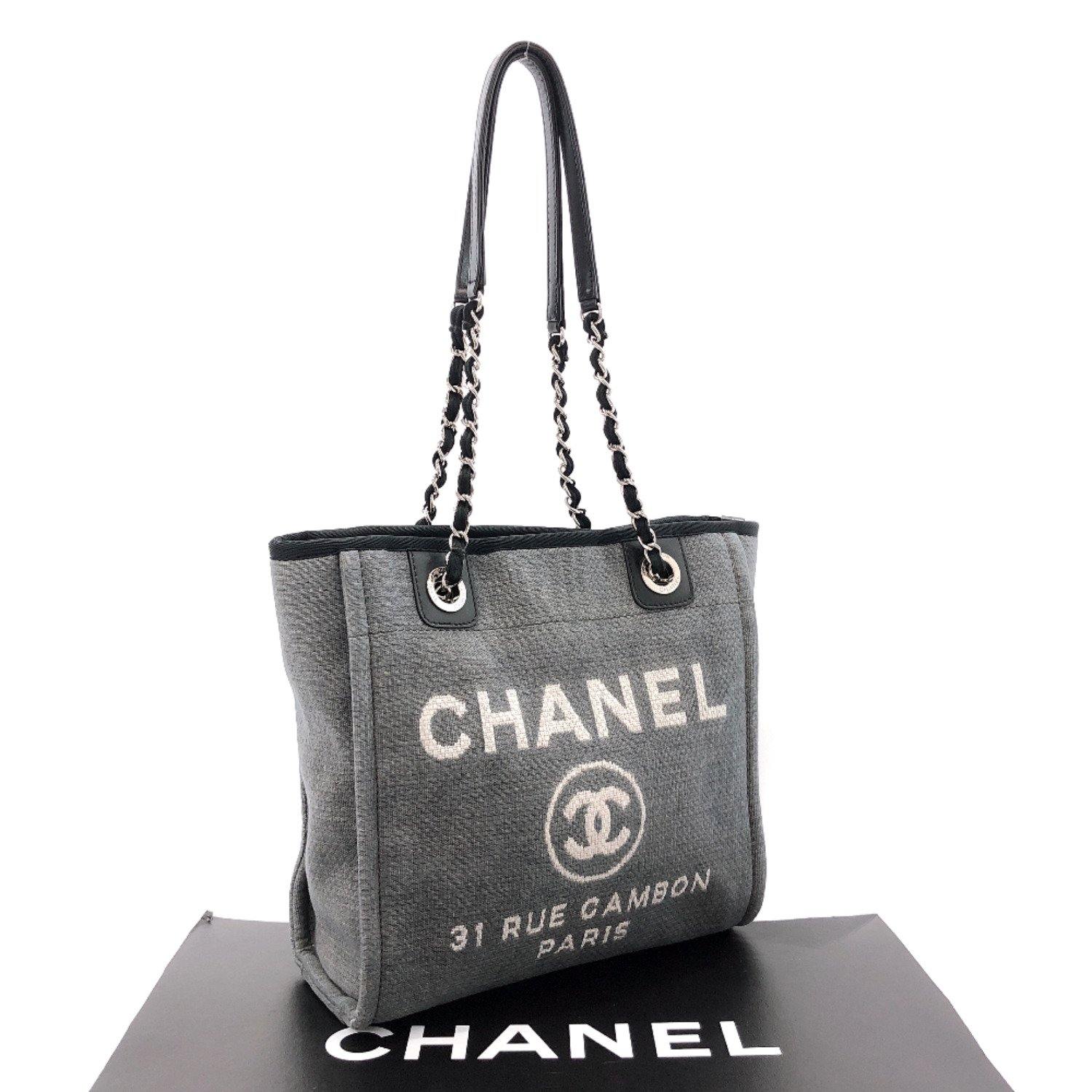 CHANEL Tote Bag Deauville PM canvas/leather gray black Women Used –