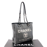 CHANEL Tote Bag Deauville PM canvas/leather gray black Women Used - JP-BRANDS.com