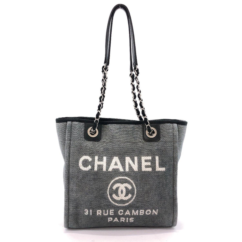 CHANEL Tote Bag Deauville PM canvas/leather gray black Women Used –